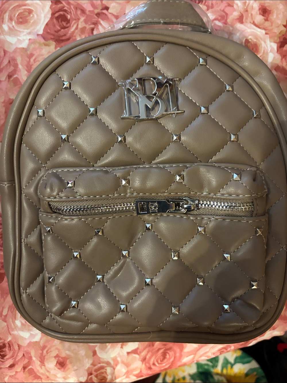 Badgley Mischka Quilted Mini Backpack in Taupe with Silver Hardware